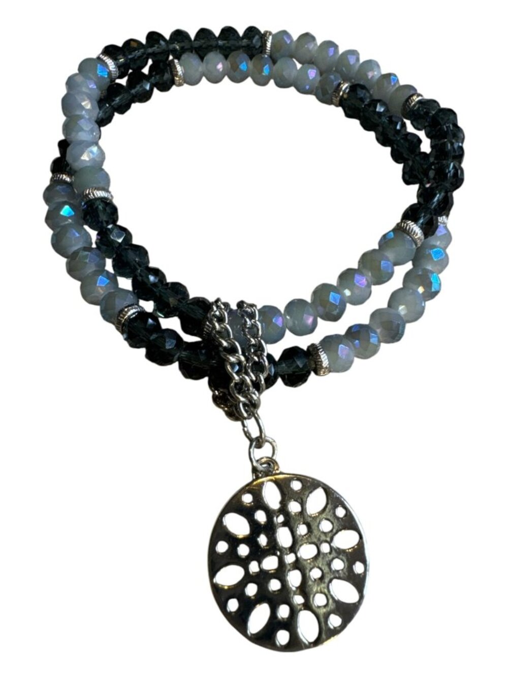 Beaded Wrap Bracelet With Silver-Tone Pendant - Black & Iridescent Gray Faceted